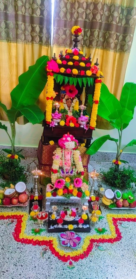 Festival Decor🎉🎊 Gowri Ganesha Decoration, Gowri Ganesha, Ganesha Decoration, Ganesha Festival, Festival Decor, Festival Decorations, Ganesha, Decoration Ideas, Flower Designs