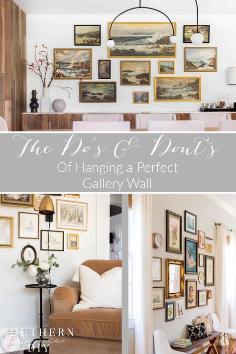 Gallery Wall Rules To Follow & Break (plus cheat sheet) : all the do's & dont's to hanging the perfect gallery wall easily every time Gallery Wall With Paintings, Eclectic Gallery Wall Ideas Living Room, Gallery Wall Rules, Collage Wall Bedroom, Interesting Wall Decor, Gallery Wall Template, Large Gallery Wall, Wall Layout, Picture Gallery Wall