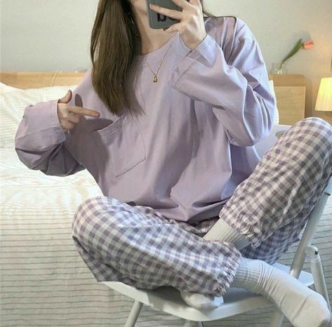 Korean Pajamas, Pajamas Aesthetic, Pijamas Women, Pajama Fashion, Cute Sleepwear, Cute Pajama Sets, Plaid Trousers, Clothes Korean Style, Korean Casual Outfits