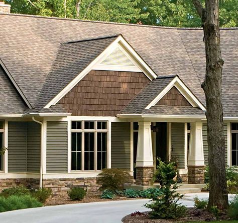 siding colors for craftsman style homes | The textures of the rock, siding and shingles make ... | Exterior col ... Vinyl Siding Colors, Cedar Shake Siding, Green Siding, Exterior House Siding, Wood Siding Exterior, Siding Ideas, Shingle Siding, Siding Colors, Exterior Paint Colors For House