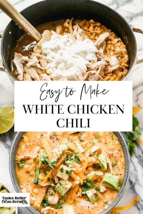 Warm up with a bowl of our Hearty White Chicken Chili! :stew::sparkles: Packed with tender chicken, white beans, and a blend of flavorful spices, this chili is the perfect comfort food. Save this Pin and savor the comforting flavors of this delicious and easy-to-make recipe. Don't miss out on this satisfying meal - save it now and enjoy a bowl of cozy goodness! Spicy White Chicken Chili, Healthy White Chicken Chili, White Chicken Chili Soup, White Chicken Chilli, White Chicken Chili Recipe Crockpot, Easy Chicken Chili, Use Leftover Chicken, White Chicken Chili Healthy, Rotisserie Chicken Recipe