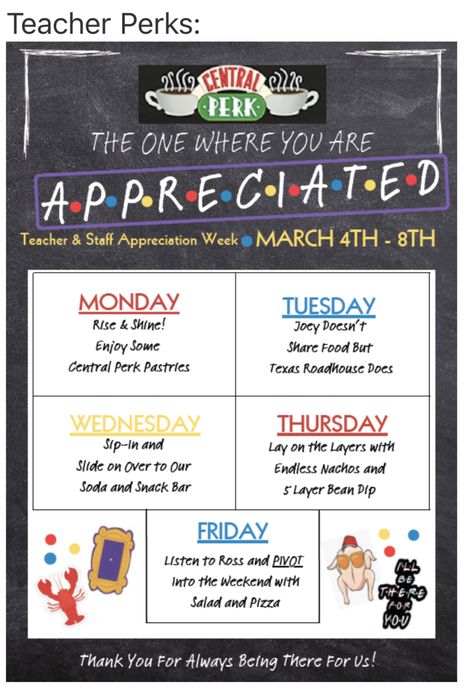 Staff Encouragement Ideas, School Psychologist Appreciation Week, School Hospitality Committee Ideas, Sunshine Committee Monthly Ideas, Monthly Staff Morale Boosters, Teachers Appreciation Week, Teacher Appreciation Lunch, Teacher Appreciation Week Themes, Staff Ideas