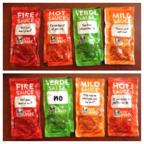 Proposal via Taco Bell sauce packets. Thanks to Lydia & Inchul for this spicy inquiry. I definitely will. Taco Bell Sauce Packets, Taco Bell Sauce, Salsa Sauce, Hot Salsa, Taco Bell, Diy Home Crafts, Hot Sauce, Cricut Projects, Home Crafts