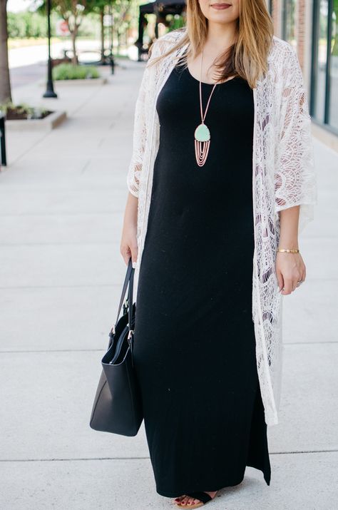 Maxi Dress Kimono Outfit | By Lauren M Navy Lace Kimono Outfit, Bodycon And Kimono Outfit, Lace Cardigan With Dress, Lace Kimono With Dress, Lace Kimono Outfit Summer, Kimono Over Dress Outfits, Long Kimono Outfit With Dress, Long Kimono Outfit Dressy, Dress Kimono Outfit