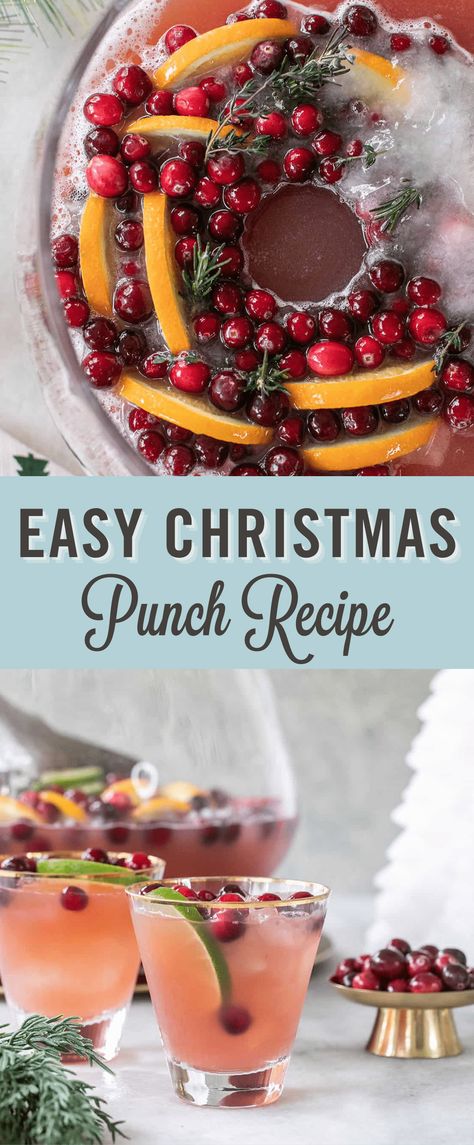 An easy Christmas punch recipe made with 4 simple ingredients! This punch has alcohol but can also easily be made into a Christmas punch without alcohol too. The flavors of pineapple and cranberry blend together so well together. Add an ice ring and toss in some cranberries, for a very festive holiday cocktail that serves a crowd! #ChristmasPunch #ChristmasCocktail #CranberryCocktail #HolidayCocktail Best Christmas Punch Recipe, Easy Christmas Drinks, Beverages Recipes, Holiday Party Drinks, Party Tricks, Christmas Punch Recipes, Party Drinks Alcohol, Punch Drinks, Holiday Punch