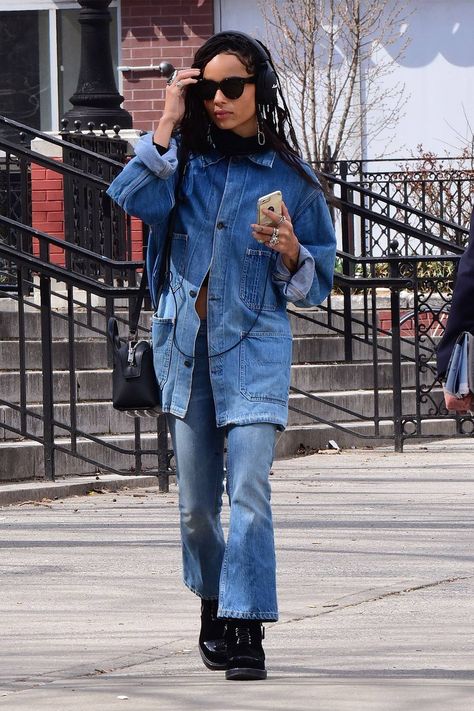 [link url="http://www.glamourmagazine.co.uFdaistyk/celebrity/biographies/Zoe-Kravitz"]Zoë Kravitz[/link] has NYC street style nailed. We adore her double denim look - impeccable 90s cool. Double Denim 90s, Double Denim Fashion, Double Denim Outfit, Double Denim Looks, Zoë Kravitz, Nyc Street Style, Stylish Celebrities, Denim Chic, Quick Outfits