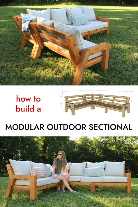 How To Build Patio Furniture, Diy Seats Outdoor, Outdoor Diy Sectional, Diy Wood Outdoor Sectional, Build Your Own Outdoor Furniture, Outdoor Patio Couch Diy, Building Patio Furniture, Diy Patio Furniture Wood, Diy Couch Backrest