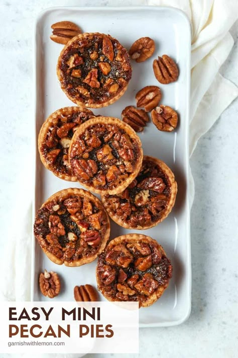 Looking for an EASY holiday dessert? Grab your muffin tin and make these delicious Mini Pecan Pies! These one bowl, make-ahead mini pies freeze beautifully and are ready to go in less than 45 minutes. Fall Desserts To Make, Fall Treats Recipes, Holiday Party Desserts, Mini Pecan Pies, Pecan Pies, Individual Pies, Pecan Tarts, Easy Holiday Desserts, Fall Recipe