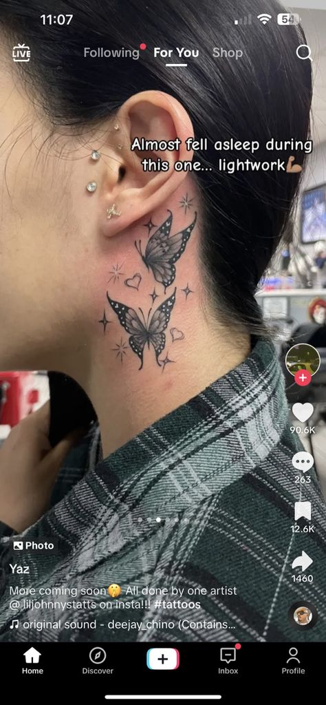 Butterfly Neck Tattoo, Artsy Tattoos, Side Neck Tattoo, Hand Tattoos For Girls, Ear Tattoos, Neck Tattoos Women, Butterfly Tattoos For Women, Small Pretty Tattoos, Tasteful Tattoos