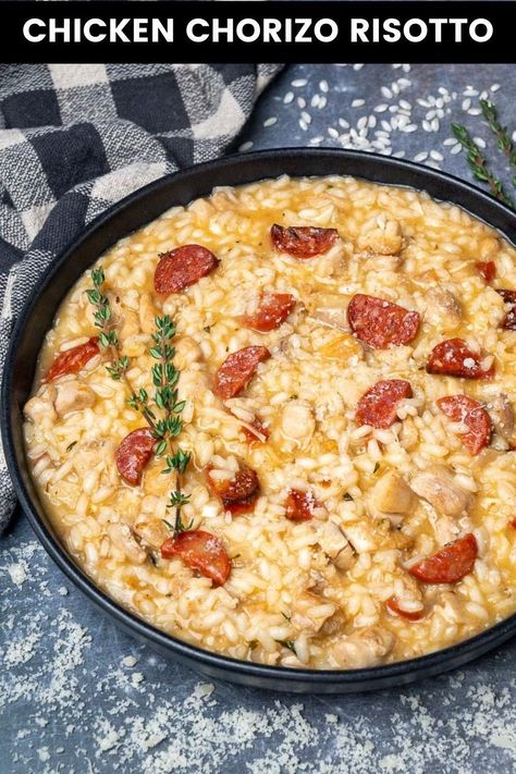 Chicken and chorizo risotto is creamy, delicious and very easy to make. It has golden bits of chicken thighs, flavourful slices of chorizo and plenty of Parmesan for a perfectly comforting meal. Chicken And Chorizo Risotto, Chorizo Risotto, Pasta With Green Beans, Easy Risotto, Risotto Recipes Easy, Rice Risotto, Best Risotto, Chicken And Chorizo, Chicken Risotto