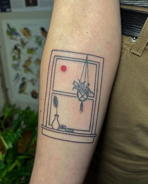 Cat Looking Out Window Tattoo, Cat In Window Tattoo, Window Frame Tattoo, Homemade Tattoos, Stick Tattoo, Tattoo Plant, Evil Eye Tattoo, Framed Tattoo, Birthday Tattoo