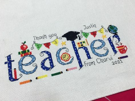 Deepti solanki on Instagram: “Finished one thank you teacher cross stitch piece for her kindergarten graduation #thankyou #thankyoutecher #thankyouteachergift…” Cross Stitch Teacher, Teacher Cross Stitch, Stitch Cards, Teachers Day Gifts, Thank You Teacher Gifts, Teacher Cards, Kindergarten Graduation, Cross Stitch Cards, Teachers Day