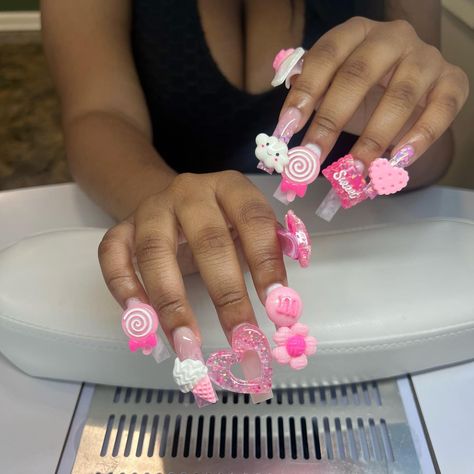 Candy Charms Nails, Nails With Gummy Bear Charms, Kawaii Nails Long, Kawaii Nails With Charms, Charm Nails, Junk Nails, Pink Charm, Nails For Kids, Long Square Acrylic Nails