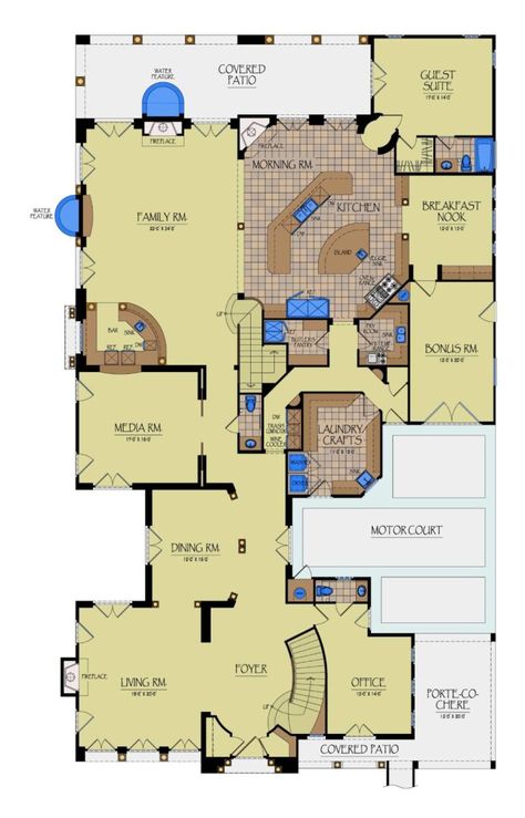 7269-1 ST Floor Plan Floor Plan With Sunroom, Laundry Craft Rooms, Second Floor Balcony, Porte Cochere, Morning Room, Toilet Room, Wall Fountain, Living And Dining Room, Cathedral Ceiling