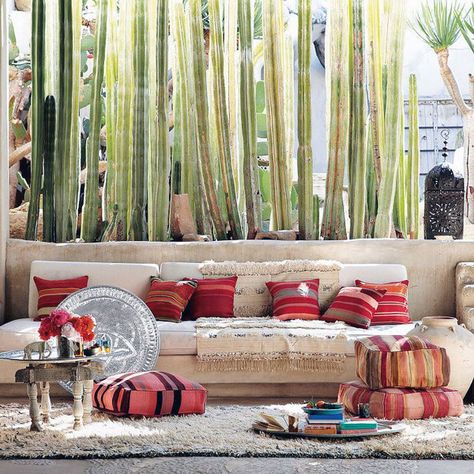 think we should have section of kids area or tv area like these floor cushions---Floor Pillows And Cushions: Inspirations That Exude Class And Comfort Dekorasi Maroko, Moroccan Houses, Lots Of Plants, Moroccan Wedding Blanket, Outdoor Space Design, Outdoor Patios, Moroccan Interiors, Backyard Kitchen, Bohol