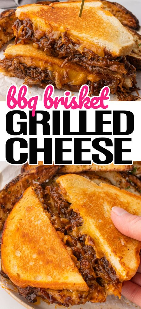 This smoky Brisket Grilled Cheese elevates the classic warm, buttery grilled cheese to a whole new meaty, melty, mouthwatering level! #Realhousemoms #brisket #grilledcheese #meaty #bbq #bbqsauce #cheese #summer #4thofjuly #memorialday #easydinner #comfortfood Brisket Grilled Cheese, Brisket Grilled, Sandwiches Lunch Ideas, Beef Mac And Cheese, Sandwiches Lunch, Grill Cheese, Boxed Mac And Cheese, Classic Grilled Cheese, Tangy Bbq Sauce