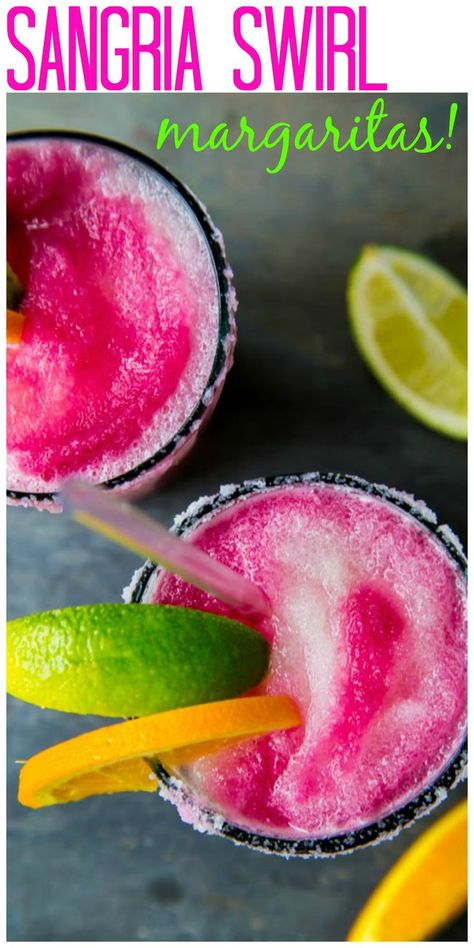 Frozen margaritas with a swirl of frozen sangria for Cinco De Mayo! Sangria Margarita Recipe, Wine Margarita, Frozen Sangria, Classic Margarita Recipe, Creamy Cocktails, Jalapeno Margarita, Frozen Margaritas, Dessert For Two, Frozen Cocktails