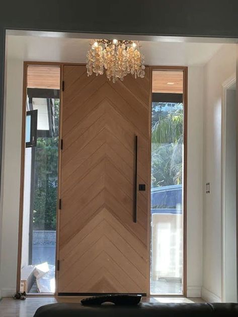 Herringbone Front Door, Solid Wood Door, Modern Entrance Door, Modern Entry, Modern Entrance, Home Decor Aesthetic, Wood Front Doors, Entrance Door Design, Aesthetic Home Decor