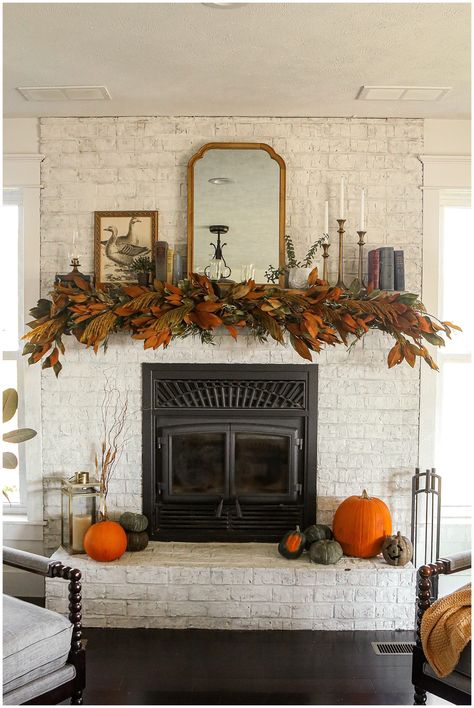 Dried Floral Fall Fireplace Decor Fall Thanksgiving Mantle Decor, Autumnal Fireplace Decor, Fall Fireplace Hearth Decor, Old Fireplace Decor, Fall Fireplaces, Thanksgiving Fireplace Decor, White And Silver Decorations, Fall Fireplace Decor Mantles, Thanksgiving Fireplace