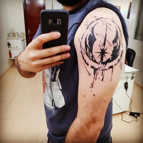 star wars jedi order tattoo Star Wars Shoulder Tattoo, Star Wars Jedi Tattoo, Starwars Tattoo Men, Jedi Order Tattoo, Star Wars Sleeve Tattoo, Star Wars Tattoo For Men, Jedi Tattoo, Order Tattoo, Orion Tattoo