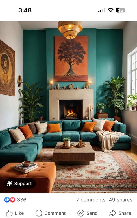 Ochre And Teal Living Room, Orange And Teal Aesthetic Living Room, Teal Lounge Ideas Living Rooms, Rust And Teal Living Room, Teal And Orange Living Room, Teal Living Room Ideas, Victorian Flat, Remodeling House, Copper Living Room