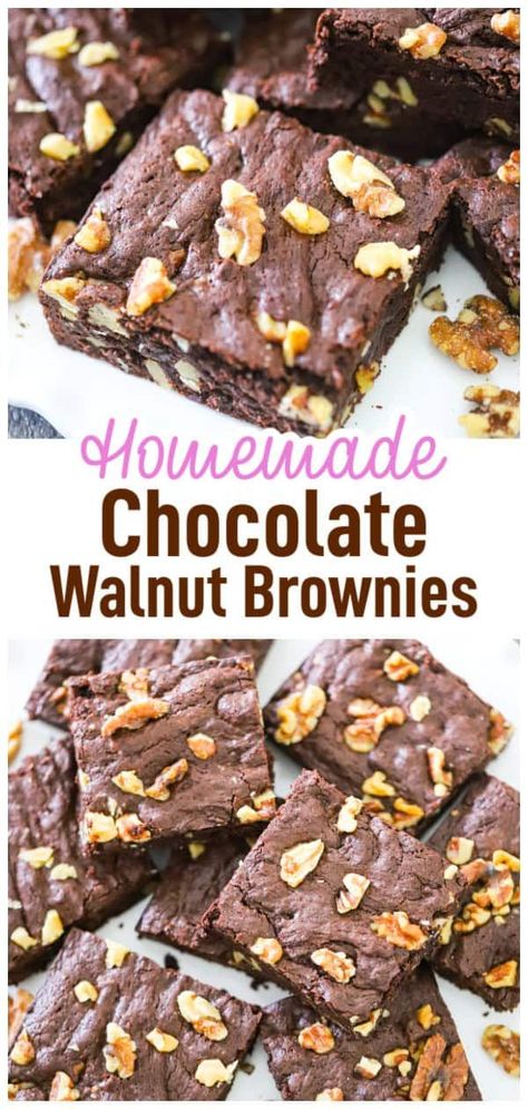 Our best Homemade Chocolate Walnut Brownies recipe is easy, fudgy and deliciously loaded with walnuts!  The decadent combination of of rich chocolate brownies and crunchy walnuts is so irresistible, we cannot resist! Walnut Brownies Recipe, Walnut Brownie Recipe, Chocolate Walnut Brownies, Fudgy Chocolate Brownies, Chocolate Chunk Brownies, Brownie Recipes Healthy, Walnut Brownies, Strawberry Bread, Best Chocolate Desserts