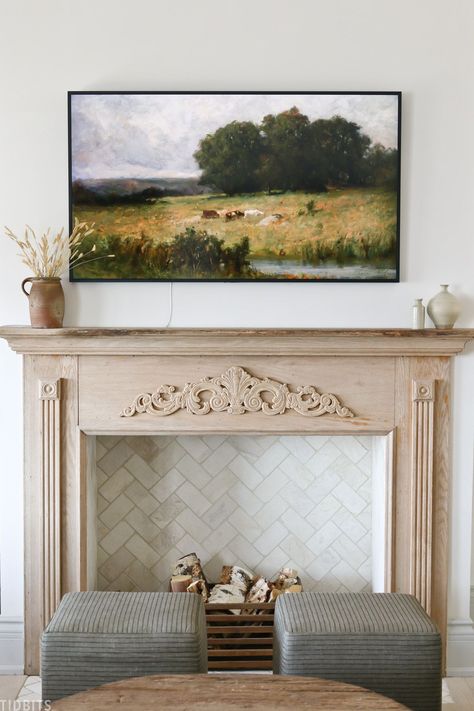 Faux Fireplace In Bedroom Ideas, Diy Fireplace Apartment Faux Mantle, French Country Faux Fireplace, Built In Faux Fireplace, Fake Fireplace Bedroom, Faux Fireplace Wall, Frame Tv Over Fireplace, Faux Fireplace Ideas, Vintage Fireplace Mantle