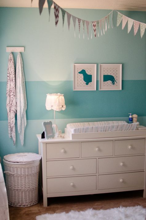 Dachshund Nursery Dachshund Nursery, Turquoise Nursery, Aqua Nursery, Teal Nursery, Striped Nursery, Baby Nursery Closet, Baby Deco, Boy Nursery Themes, Baby Dachshund