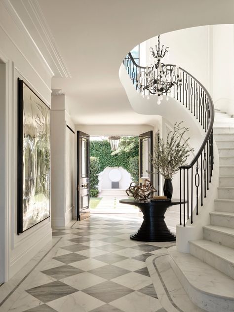 A sweeping marble staircase soars at the entrance of this grand Sydney home Double Staircase Foyer, Grand Staircase Entrance, Stairwell Design, Entrance Staircase, Feature Staircase, Mediterranean Staircase, Mediterranean Villas, Art Deco Entrance, Classic Entrance