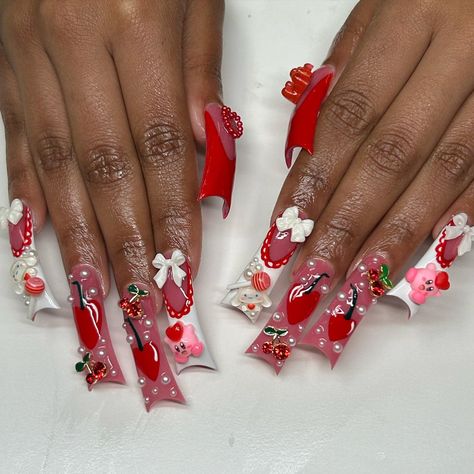 kirby & cinnamoroll love day picnic ❣️🍒🥰🍰🎀 XL duck tips & Cherry Pie acrylic @theluxepack CODE “LEXILOOK” 2 SAVE 🤍 🚨MARCH CALENDAR IS OPEN … | Instagram Xl Duck Nails, Duck Nails French Tip, Duck Nails Long, Cherry Acrylic Nails, Long Duck Nails, Pie Nails, Duck Tips, Kirby Nails, Pink Nails Long