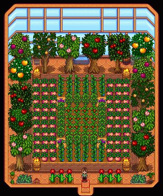 Stardew Valley Farm Layout Forest Multiplayer, Greenhouse Ideas Stardew Valley, Slime Stardew Valley, Stardew Valley Early Farm Layout, Stardew Valley Greenhouse Design, Stardew Valley Forest Farm Design, Greenhouse Layout Stardew Valley, Stardew Valley Forest Farm Ideas, Stardew Valley Meadow Farm