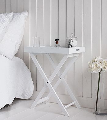 Tray Decor Ideas Bedroom, Butlers Tray Bedside Table, White Lamp Table, Lighthouse Bedroom, Unique Bedside Table, Table In Bedroom, Butlers Tray Table, New England Furniture, Butler Table