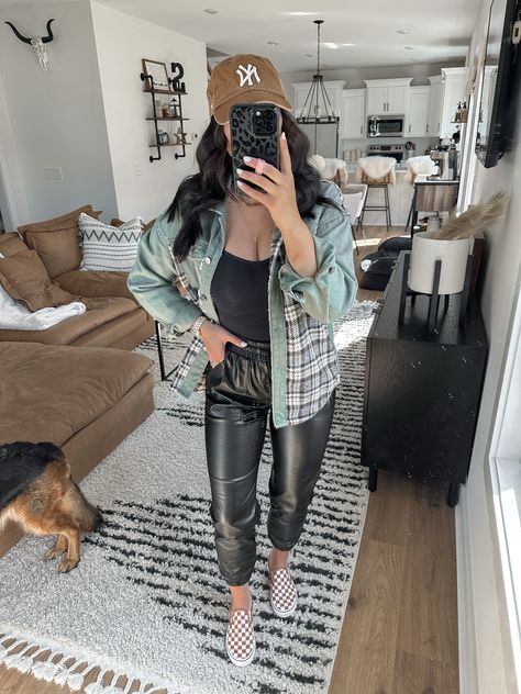 Leather Joggers Outfit Fall, Leather Joggers Outfit, Joggers Outfit Fall, Plaid Shacket Outfit, Fall Vans, Checkered Sneakers, Fall Festival Outfit, Women Shapewear, Shacket Outfit