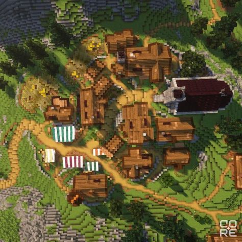 Minecraft Designer Minecraft Fantasy Town Layout, Minecraft Fantasy Village Layout, Village Redesign Minecraft, Upgraded Minecraft Village, Minecraft Mountain City, Minecraft Village Design, Minecraft Fantasy Village Ideas, Minecraft Camp Site, Minecraft Village Gate