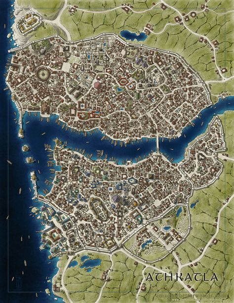 "AthKatla" by John Stevenson Fantasy City Map, Fantasy Map Making, Dnd World Map, Fantasy Town, Imaginary Maps, Fantasy World Map, Tabletop Rpg Maps, Rpg Map, Town Map