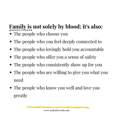 You can't choose your biological family, but you can select what family looks like for you--friends, blood relatives, mentors, etc. Do you have chosen family?#nedranuggets #setboundariesfindpeace #setboundaries #nedratawwab #healthyrelationship #healthyboundaries #boundaries #dramafree #healthyfamilies Family Isn’t Always Blood Quote, Boundaries Family, Chosen Family Quotes, Family Support Quotes, Family Boundaries, Bloods Quote, Boundaries Quotes, Small Minds Discuss People, Great Minds Discuss Ideas