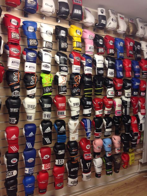 Boxing Glove Wall at Sugar Ray's Boxing Store. Full range of Contest Gloves, Velcro Spar Gloves, Lace Up Sparring Gloves, Bag Gloves, Junior and Womens Boxing Gloves. More on display and online at www.sugarrays.co.uk Boxing Gloves Aesthetic, Boxe Aesthetic, Womens Boxing Gloves, Boxing Glove Display, Womens Boxing, Box Gloves, Boxer Aesthetic, Kickboxing Gloves, Gloves Aesthetic