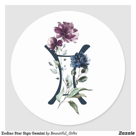 Zodiac Star Sign Gemini Classic Round Sticker Gemini Tattoo Flower, Gemini Flower, Gemini Zodiac Symbol, Floral Zodiac, Gemini Tattoo Designs, Gemini Symbol, Gemini Tattoo, Flower Symbol, Zodiac Sign Tattoos