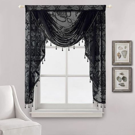 PRICES MAY VARY. Processing Method: Rod Pocket slides easily onto your curtain rod for quick installation. Our waterfall lace sheer valance can soften up the look of the window and appears a luxury and airy look, Without lining. The beading, and stitch work are exceptional. Beautiful beads are sewn at the bottom of swag valances, giving an elegant touch. This fashionable waterfall valance combined with curtain will complete the room setting in any home. Perfect for your living room, bedroom, fam Lace Curtains Bedroom, Sheer Valances, Valances For Living Room, Waterfall Valance, Kitchen Background, Window Nook, Decorative Tassels, Moody Decor, Small Window