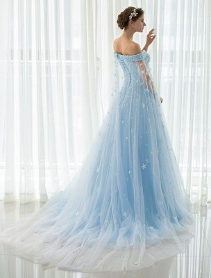 Cheap Bridal Dress, Affordable Wedding Gown | Chicloth | Chicloth Court Train Prom Dress, Blue Lace Wedding Dress, Train Prom Dresses, Off Shoulder Evening Dress, A Line Bridal Gowns, Prom Dresses With Pockets, Princess Wedding Dress, Blue Wedding Dresses, Ball Gowns Prom