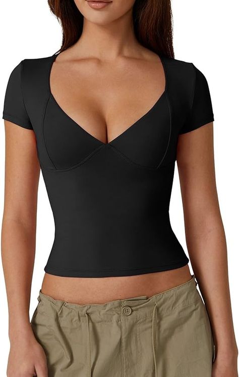 QINSEN Women's V Neck Short Sleeve T Shirts Double Lined Tee Seamed Cup Going Out Tops Sweetheart Neckline Top, Y2k Crop Top, Silk T Shirt, Cropped Tops, Going Out Tops, Crop Top Shirts, Look Chic, Shirts & Tops, Summer Women