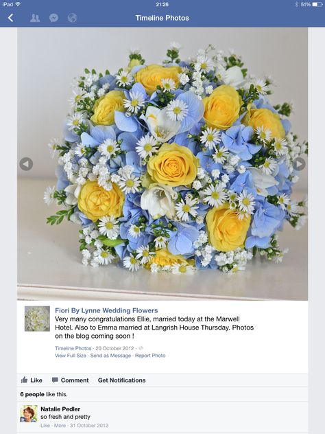 Yellow roses, blue hydrangea, freesias, "daisies" ( Aster) and gypsophila make a gorgeous bouquet for Ellie. Fresh, modern, pretty and slightly country style. Cornflower Wedding, Blue Hydrangea Bouquet, Yellow Rose Bouquet, Blue Hydrangea Wedding, Hydrangea Bouquet Wedding, Gorgeous Bouquet, Roses Blue, Hydrangea Bouquet, Yellow Daisies