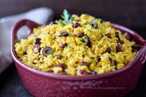 Alicia's pepperpot: yellow rice and beans Yellow Rice And Beans, Coconut Buns, Coconut Roll, Beans And Sausage, Healthy Cook Books, Rice Beans, Rice And Beans, Yellow Rice, Island Food