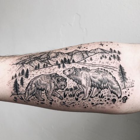 Tattoo designs for men Bear In Woods, Pony Reinhardt Tattoo, Mount Eerie, Woods Tattoo, Bear Tattoo Ideas, Pony Reinhardt, Grizzly Bear Tattoos, Wood Tattoo, Etching Tattoo