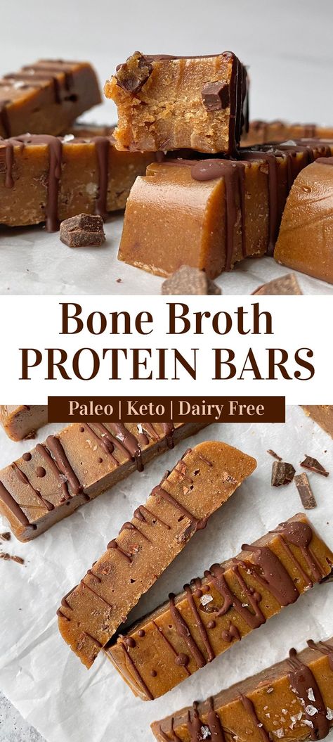 Looking for a delicious recipe using bone broth protein powder?! Look no further! These homemade bone broth protein bars are low carb, chewy and delicious (you can't tell they're made with bone broth). This easy protein bar recipe is Paleo, Keto and dairy free! #proteinbars #bonebroth #keto Diy Carnivore Bars, Bone Broth Protein, Whey Protein Bars Homemade, Keto Protein Bars Homemade, Easy Protein Bar Recipe, Diy Protein Bars, Paleo Protein Bars, Keto Protein Bars, Paleo Protein Powder