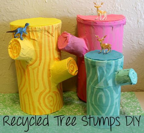 Cardboard tree stumps provide a fun indoor habitat for favorite plastic animals. Tree Stumps Diy, Canister Crafts, Weird Animals Vbs, Cardboard Tree, Oatmeal Container, Vbs Themes, Tree Stumps, Recycled Cardboard, Tree Stump