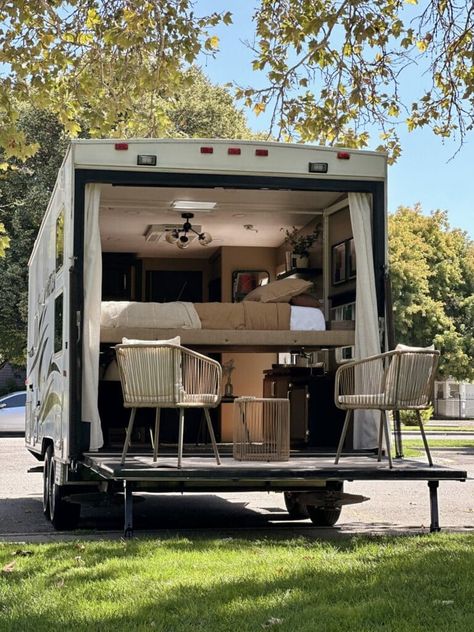 A toy hauler garage to bedroom conversion with a patio space Garage Into A Bedroom, Best Small Rv, Campsite Decorating, Toy Hauler Trailers, Rv Patio, Toy Hauler Travel Trailer, Rv Inspiration, Rv Campsite, Airstream Interior