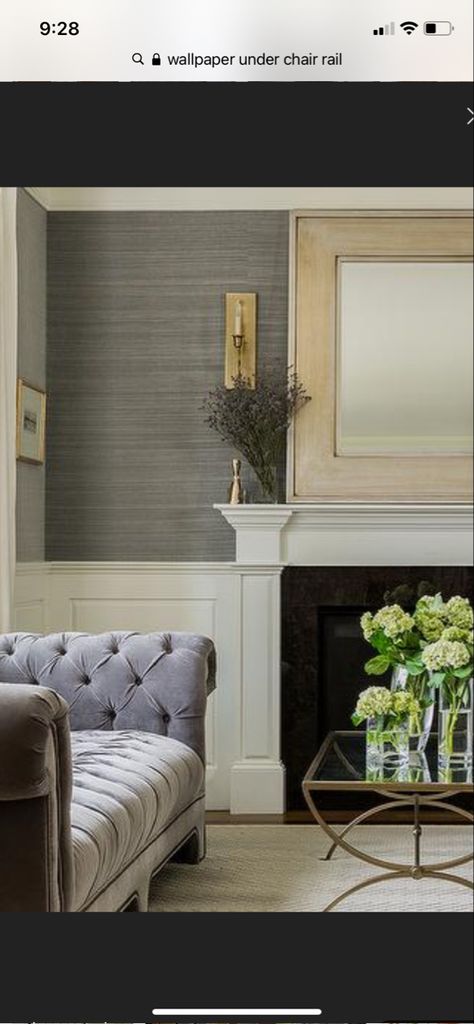 Chair Rail And Wallpaper Dining Room, Panelling With Wallpaper Above, Wallpaper Above Chair Rail, Wallpaper Above Fireplace, Wallpaper And Chair Rail, Chair Rail Wallpaper, Navy Accent Walls, Paper Walls, Light Paint Colors