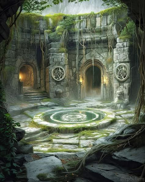 Ancient Ruins Concept Art, Fantasy Town, The Fountain Of Youth, My Fantasy World, Fantasy Pictures, Fountain Of Youth, Fantasy Setting, Fantasy Places, The Fountain