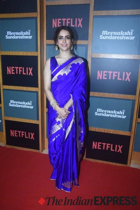 Sanya Malhotra looks stunning in blue silk sari; check it out | Lifestyle News,The Indian Express Sanya Malhotra Saree, Sanya Malhotra, Filling In Eyebrows, Pattu Saree Blouse Designs, Yellow Lehenga, Indian Express, Saree Designs Party Wear, Pattu Saree, Sanya